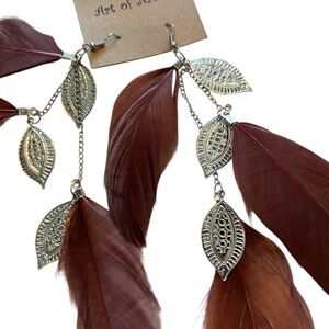 NEW Art of Nature Burgundy Rust Feather Earrings with Leaf Chain Dangles
